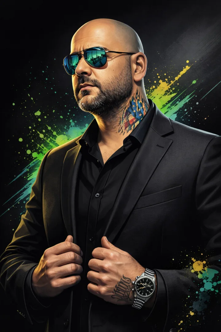 Editorial portrait in a black suit with reflective sunglasses