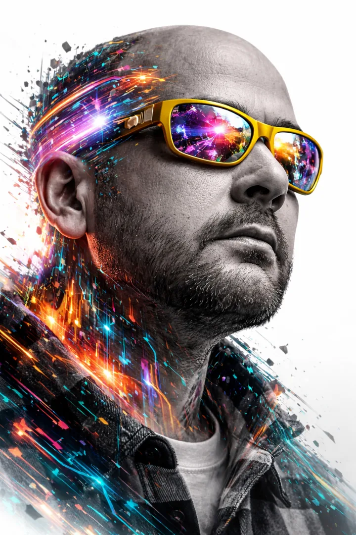 Black-and-white portrait fractured by colorful light