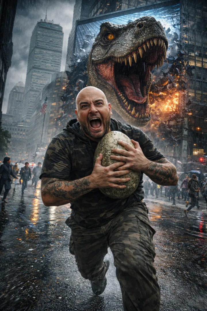 Dinosaur pursuit through a rain-soaked city