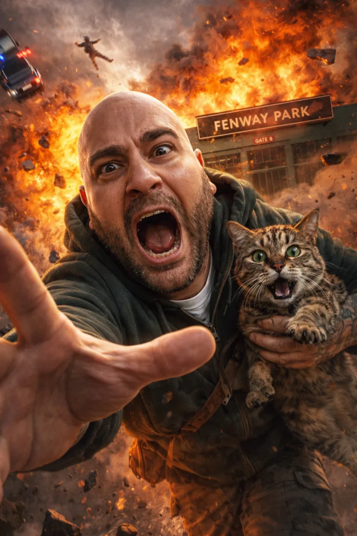 Fenway Park action scene with a rescued cat