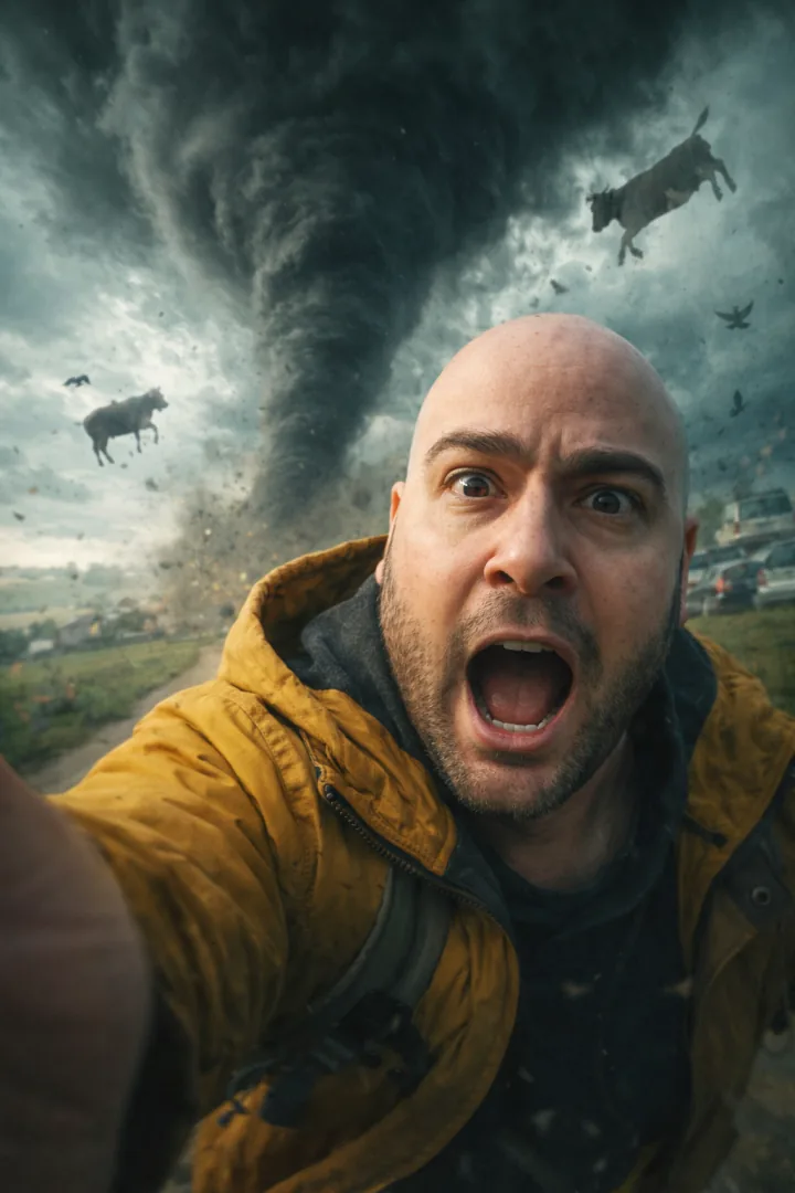 Storm chase selfie beneath a tornado