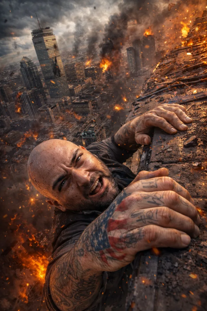 Action portrait above a burning city