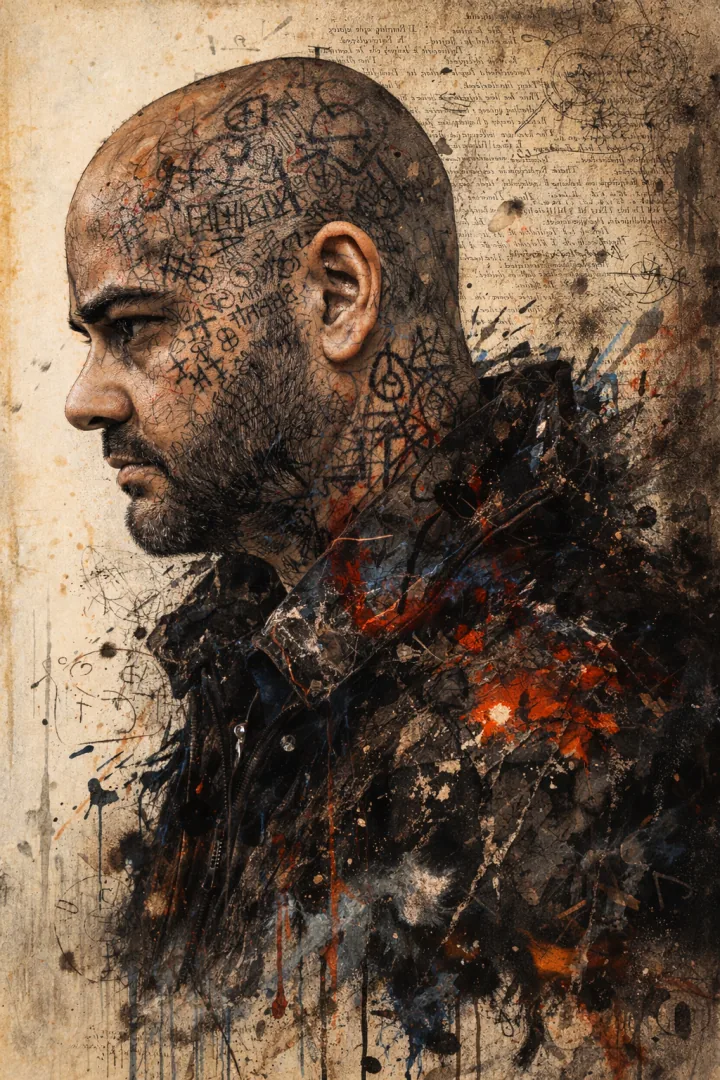 Mixed-media illustrated profile