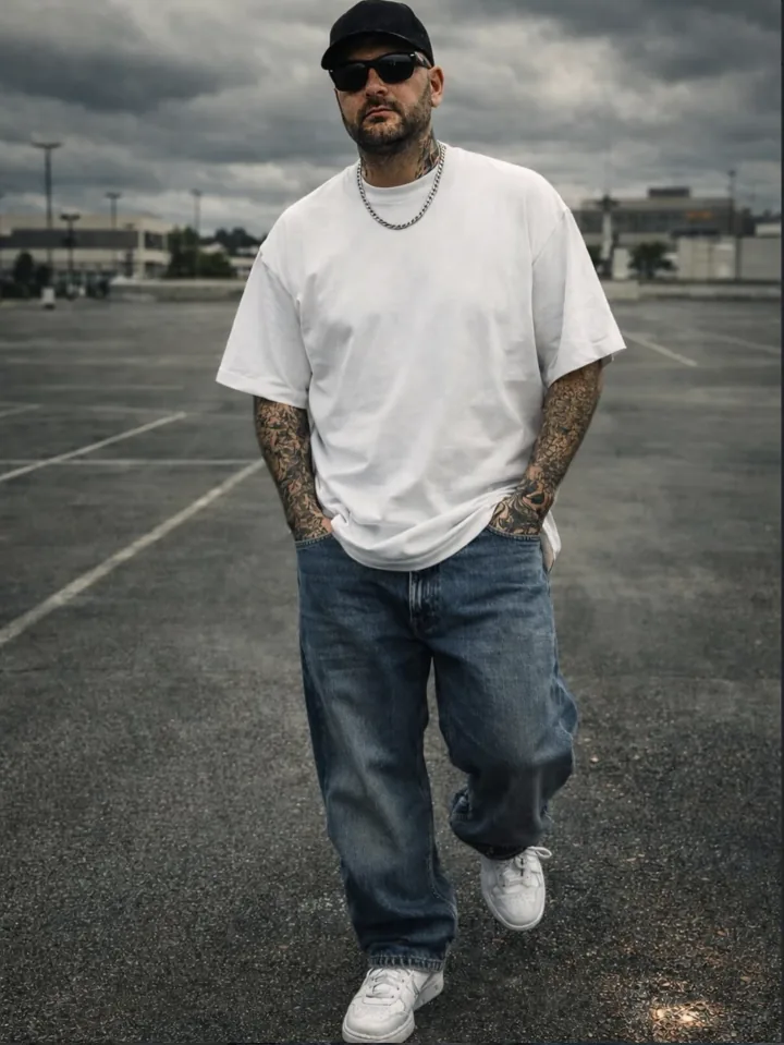 Streetwear portrait beneath storm clouds